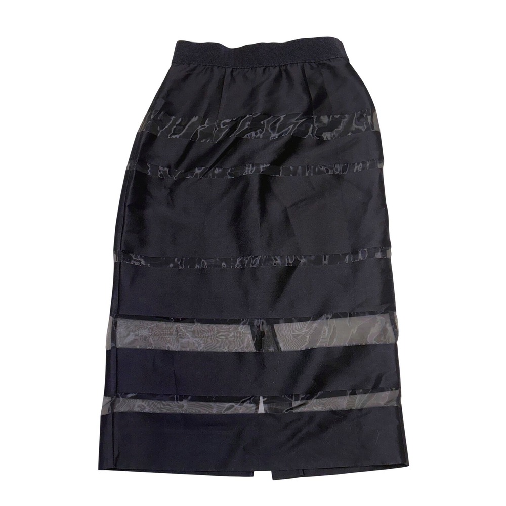 Milly Black Sheer Mesh Striped Pencil Skirt Cotton Blend Midi Size 2 Made in USA